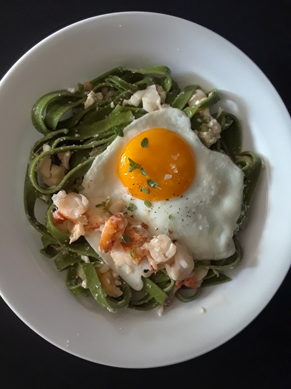 Poke we need pasta with lobster and fried egg on top