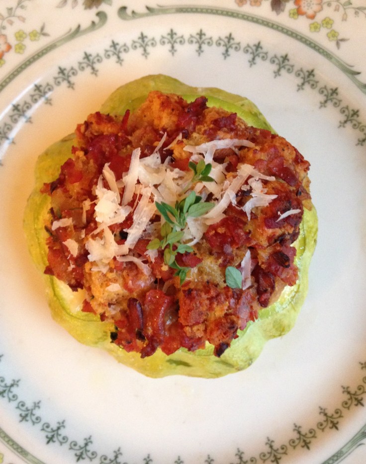 prosciutto and chanterelle stuffed squash